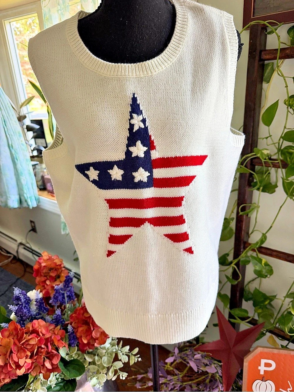 Preswick & Moore Sleeveless Star Combo Sweater Star Sweater Vest in White & Red